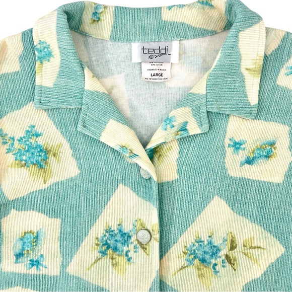 Vintage Blue & Cream Floral Retro Short Sleeve Button Up Shirt Blouse Top sz L - Picture 5 of 7